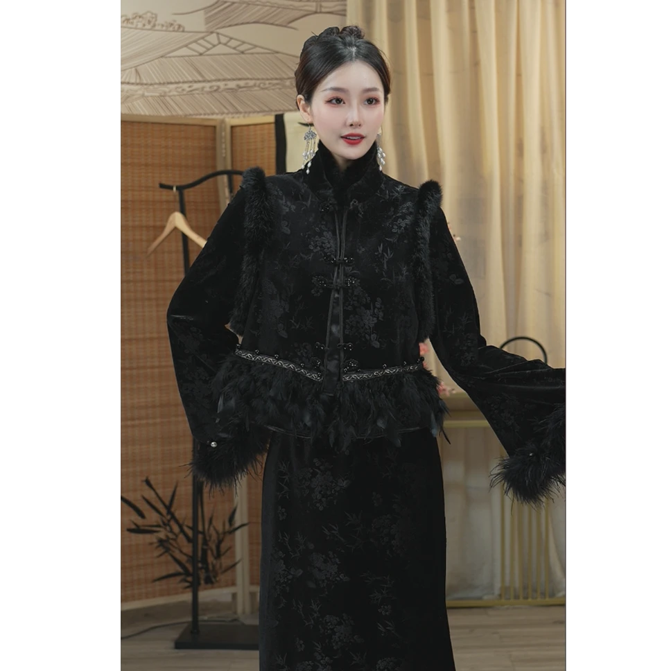 微岚熙2024秋季新款国风黑色大码复古轻奢显瘦套装（3987+1219）