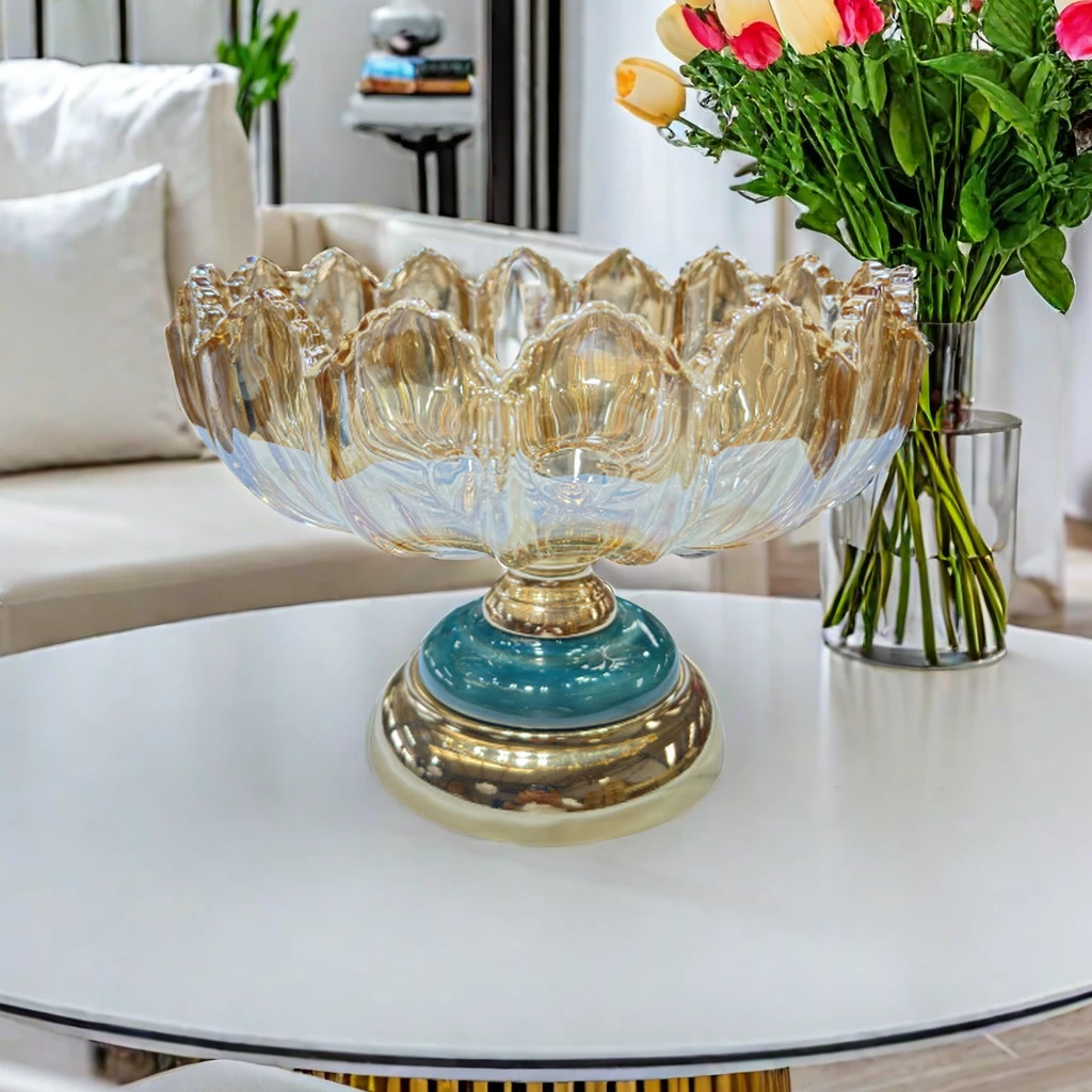 2025年新款陶瓷高脚水果盘欧式水晶玻璃干果盆客厅茶几装饰盘宝莲