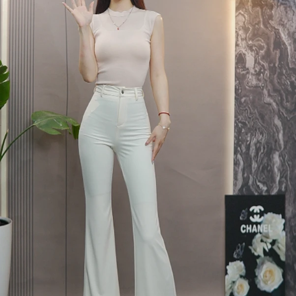 【竹梦丝语】夏季凉感冰爽高级时尚直筒微喇裤女高腰显瘦显高长裤