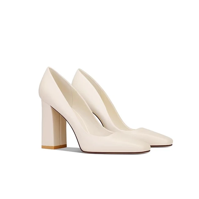 秋冬新款千金风高跟鞋优雅米白色甜美气质粗跟方头时尚百搭不累脚