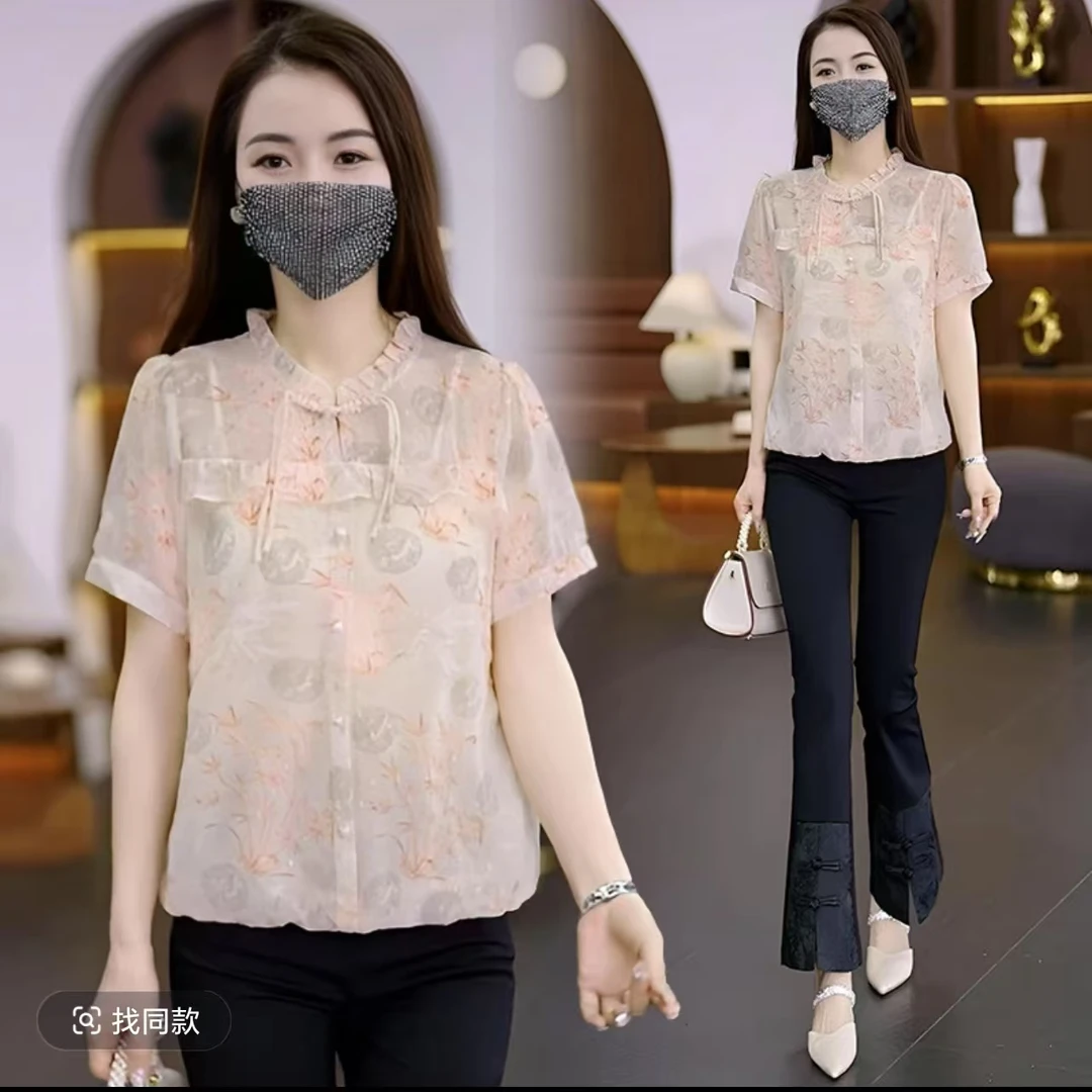 823春夏新款洋气碎花上衣女T血衬衣气质小衫上衣女显瘦百搭