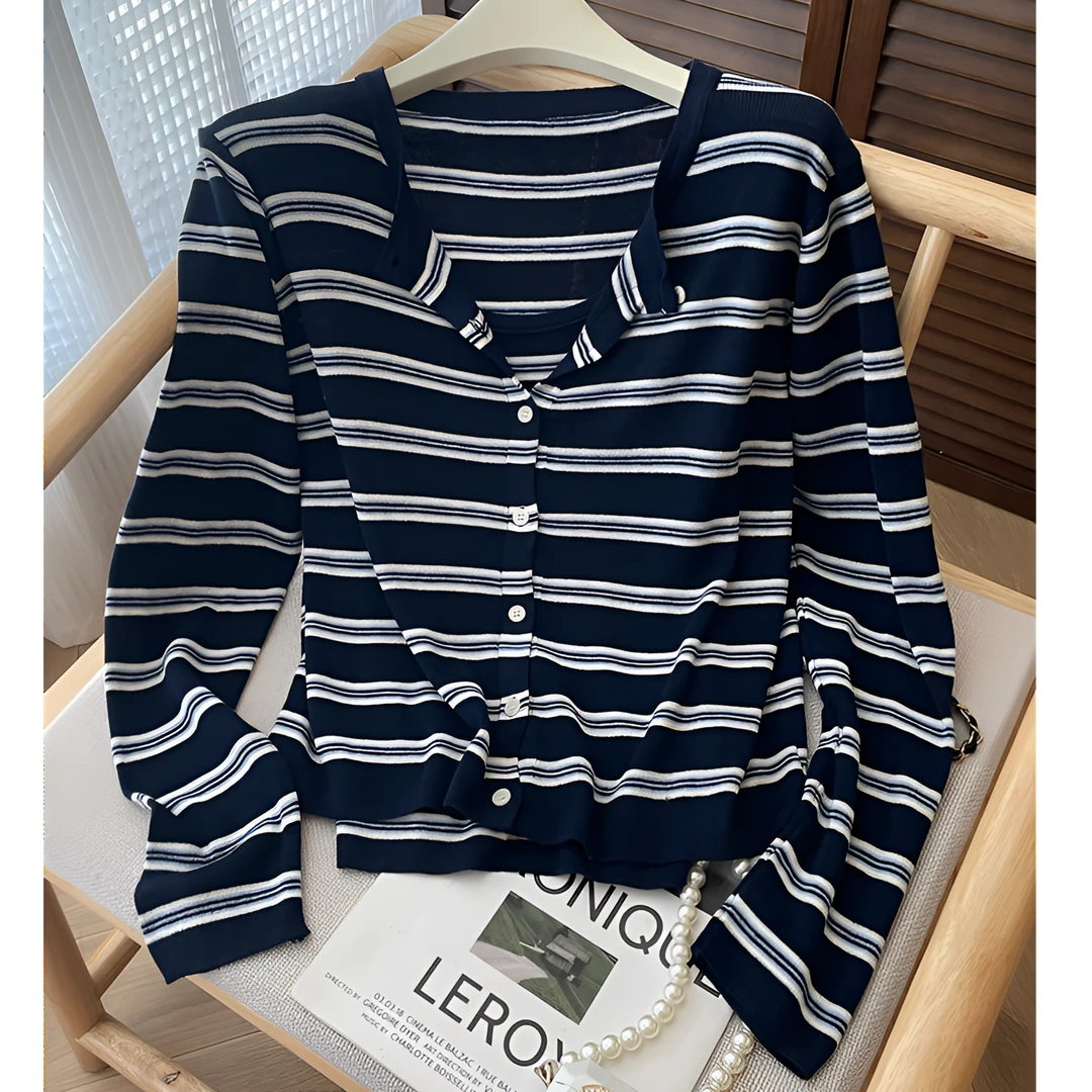 百搭气质长袖上衣潮两件套韩版宽松显瘦圆领条纹针织开衫2025秋季