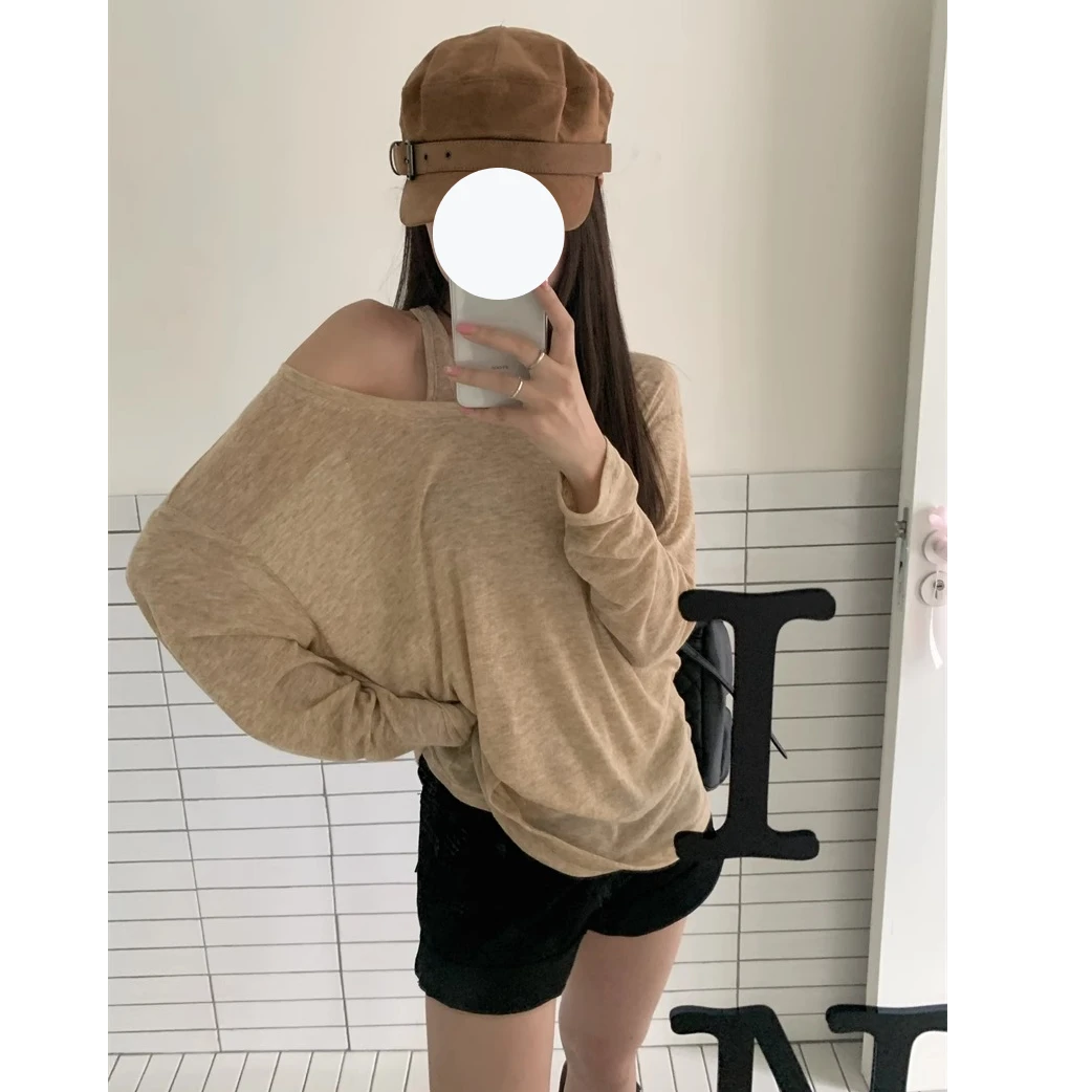 松弛感长袖T恤女吊带背心两件套装夏季宽松显瘦薄款防晒罩衫上衣