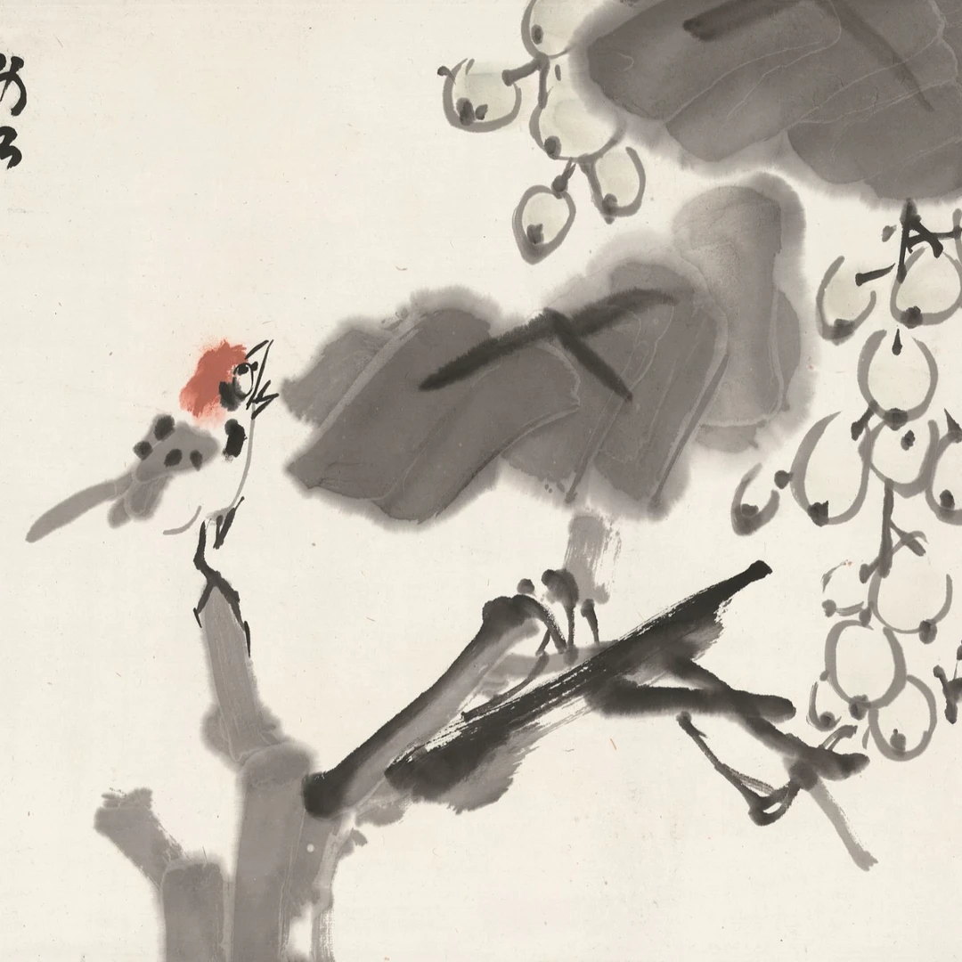 苦禅版画:《葡萄小雀》尺寸：：34×45