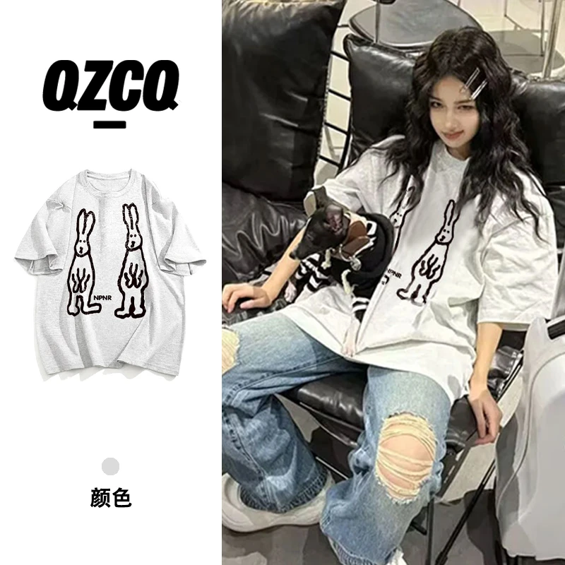 QZCQ美式复古韩版百搭宽松百搭夏季短袖T恤慵懒潮上衣圆领ins印花