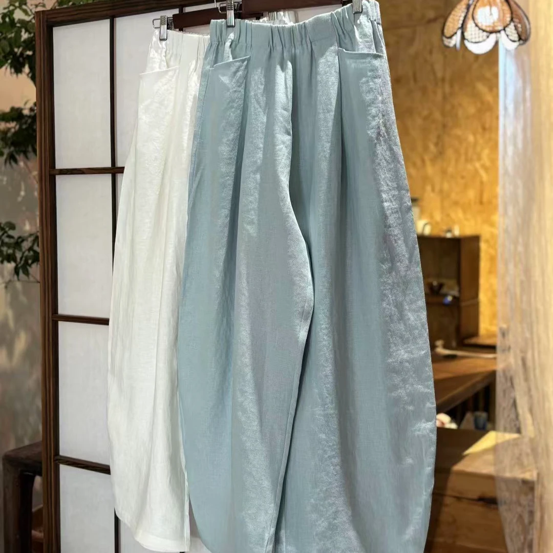亚麻薄款休闲风常规通勤纯色休闲裤夏款长裤夏季宽松松紧腰阔腿裤