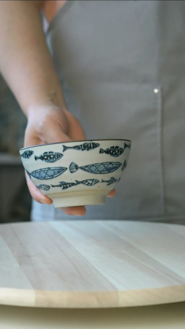 陶瓷青花手作好多鱼12cm米饭碗@4-2@