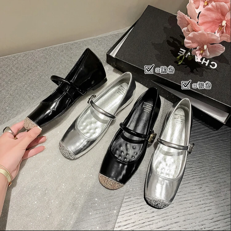 MK670头顶星光~软底银色浅口芭蕾鞋一字带玛丽珍小皮鞋