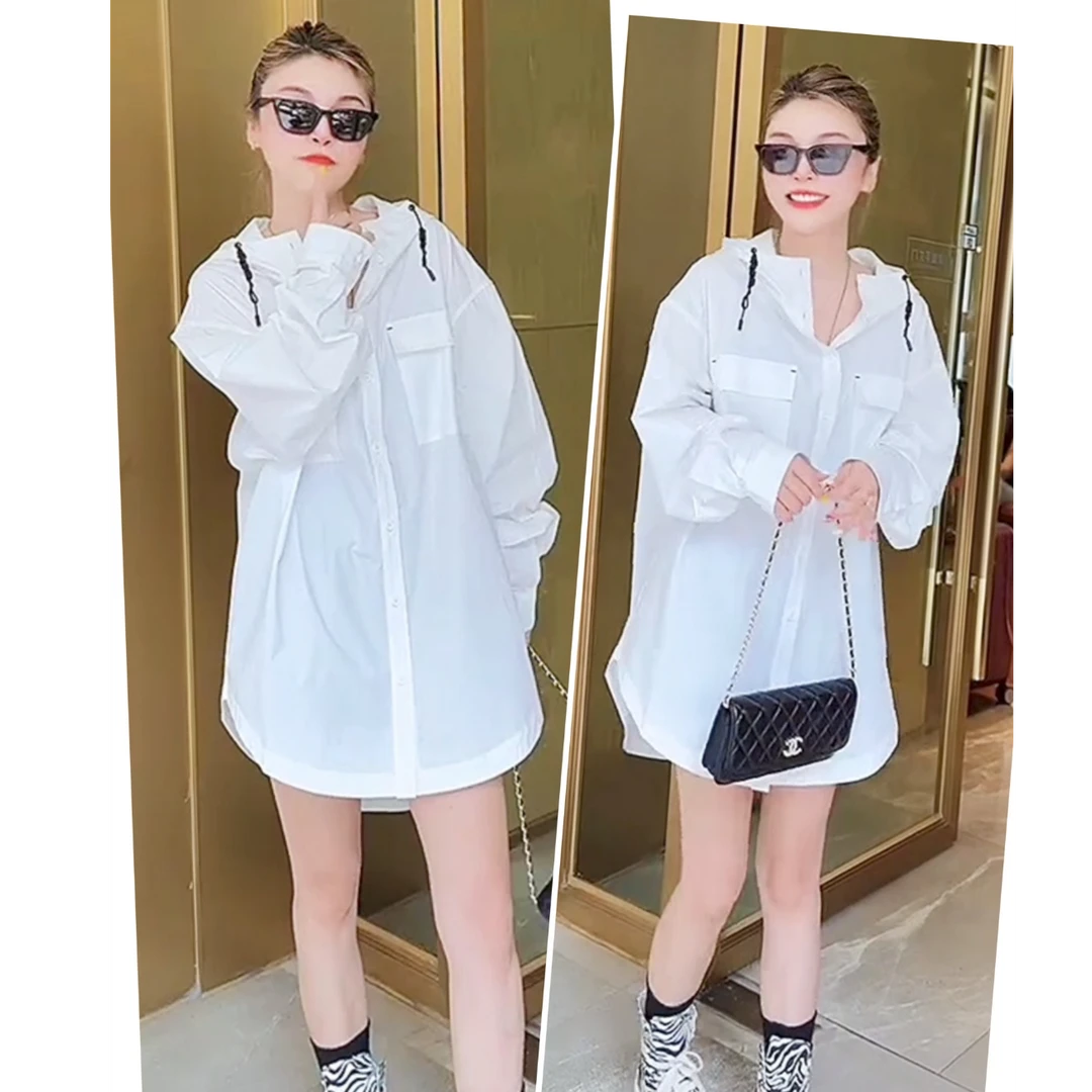 欧韩时尚连帽中长款衬衫纯色宽松显瘦上衣通勤网红拼接设计洋气帅