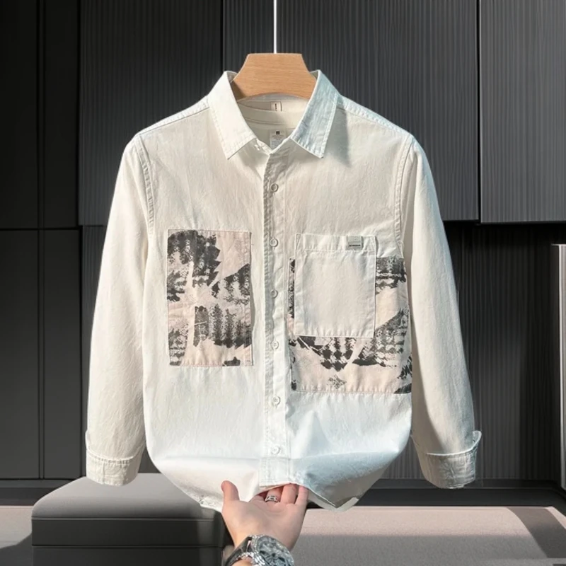 轻奢潮牌日系拼接长袖衬衫男士秋季潮流印花休闲百搭文艺宽松衬衣