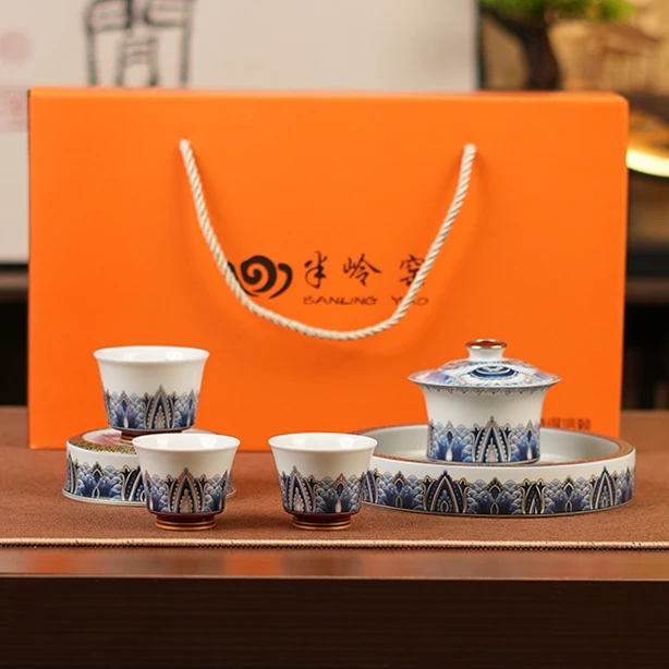 千里江山青花茶具套装手工家用家用陶瓷中式主人杯礼盒装大号