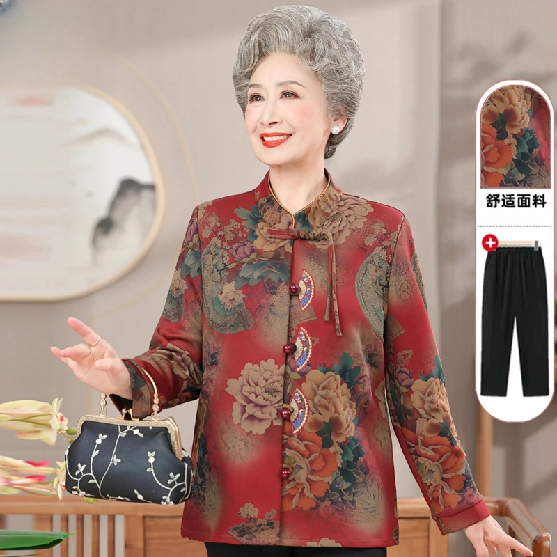 奶奶长袖衬衫中老年人春装外套女妈妈国风上衣老太太春秋薄款外套