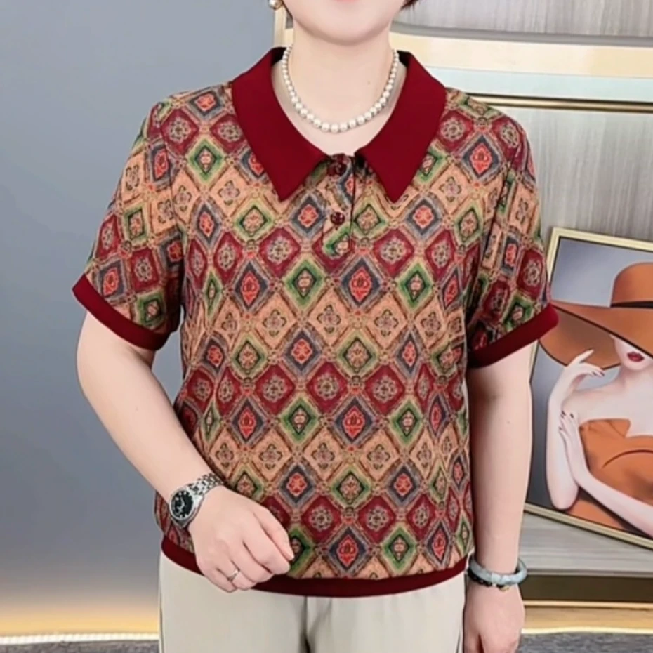 夏季新款时尚翻领印花中老年气质妈妈装休闲百搭减龄短袖上衣1618
