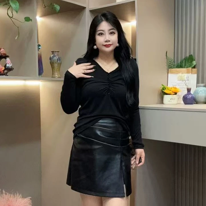 秋季打底衫-酷 3012时尚大码显瘦修身重工v领设计轻熟风打底衫