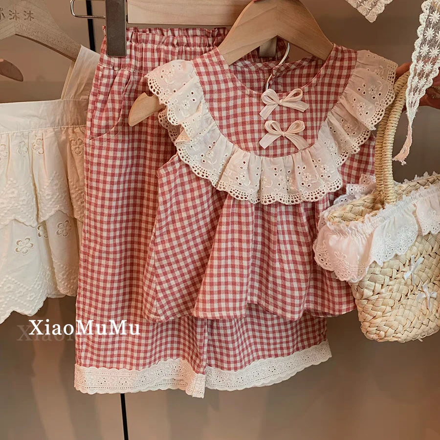 0715女童夏季套装新款儿童韩系童装衣服宝宝洋气格子九分裤两件套