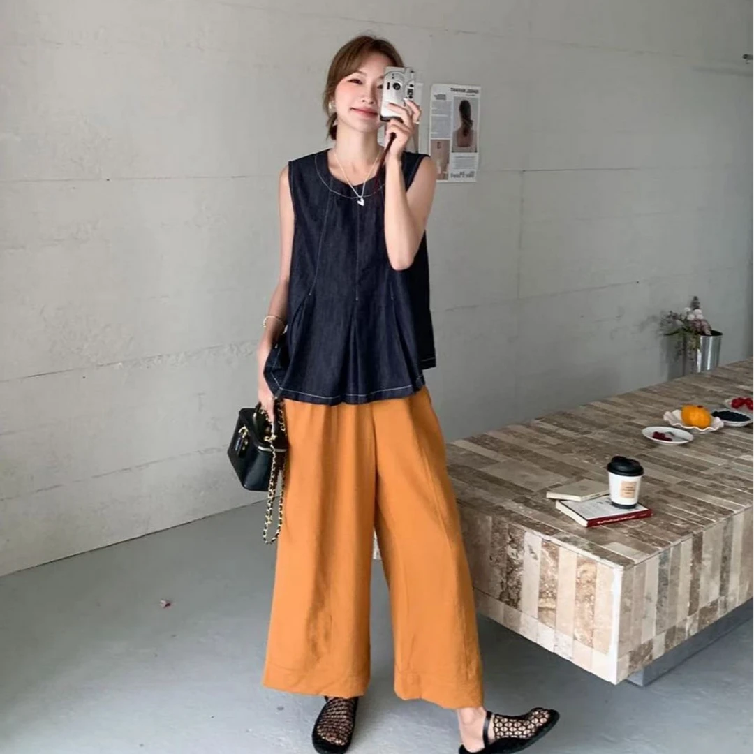 松弛感减龄套装裤夏季女2025新款氛围感牛仔背心马甲阔腿裤两件套