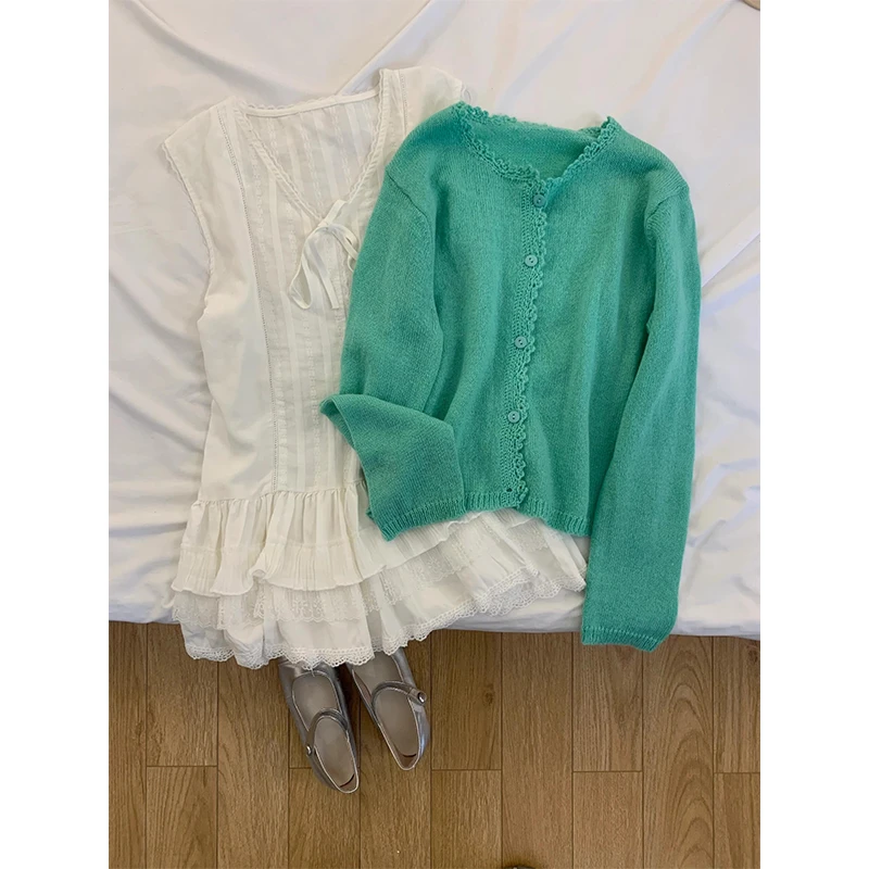 套装女2025春秋新款休闲百搭绿色长袖针织开衫背心吊带百褶裙上衣