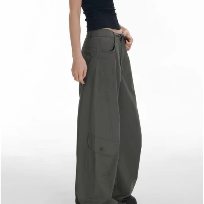 褶皱秋季无弹力工装裤薄款休闲裤阔腿裤痞帅御姐风