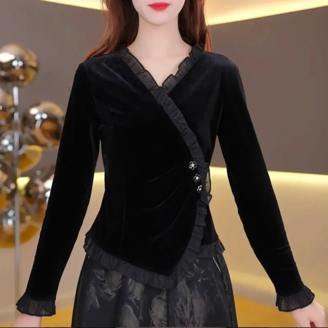 新春轻奢交叉V领洋气长袖气质小衫时尚黑色