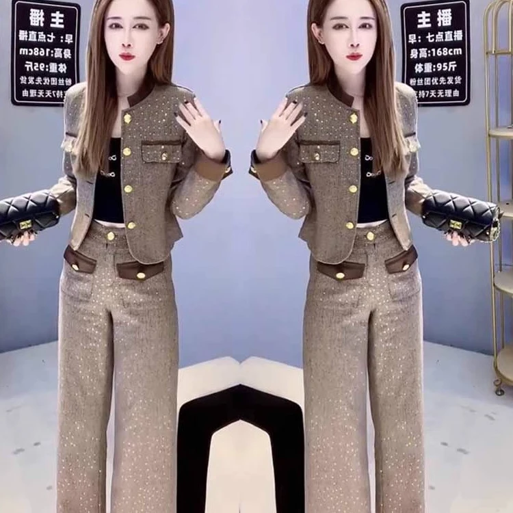 御姐炸街轻奢高级感干练气质小香风亮片棕色外套阔腿裤套装女冬季