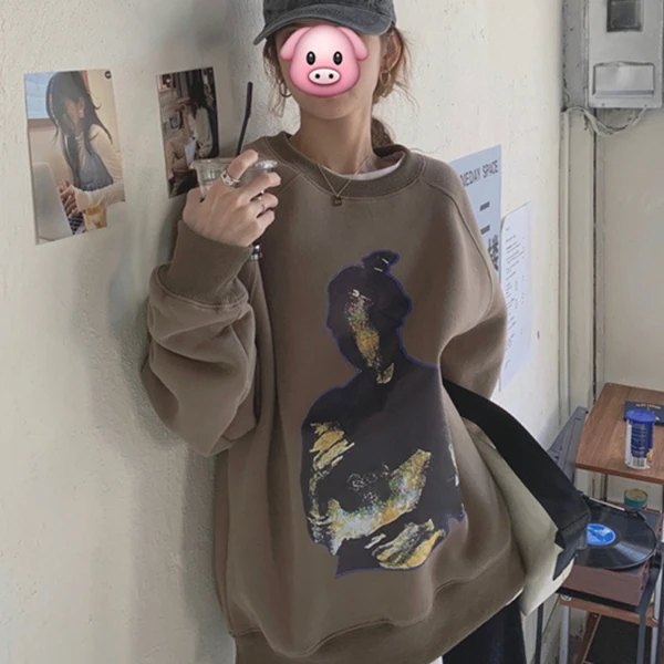 美式咖啡色宽松慵懒风卫衣女春秋薄款加绒加厚长袖百搭中长款外套