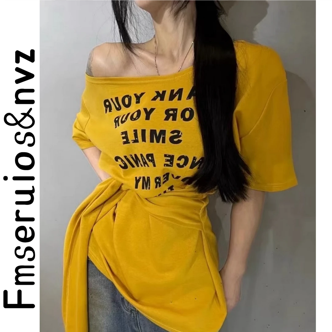 芙慕夏季2025新款韩版宽松斜肩字母短袖T恤女设计感绑带收腰上衣