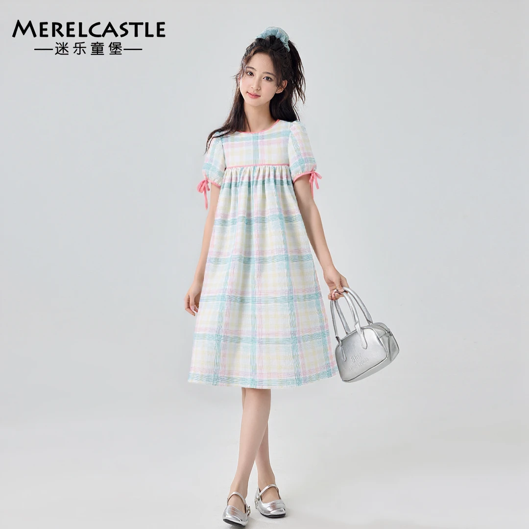 C5528女大童彩色格纹连衣裙女孩时尚格子夏装新款初中生