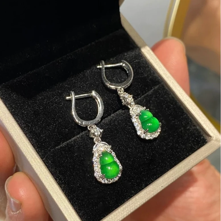 正品保证豪华镶嵌网红新款时尚百搭耳环真玉石绿色耳环高级感