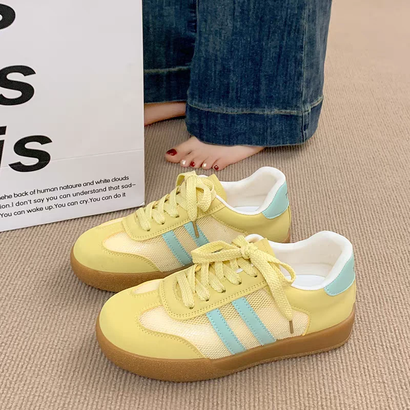 Q828黄透气网面德训鞋女2025夏季新款软平底百搭小白鞋运动板鞋