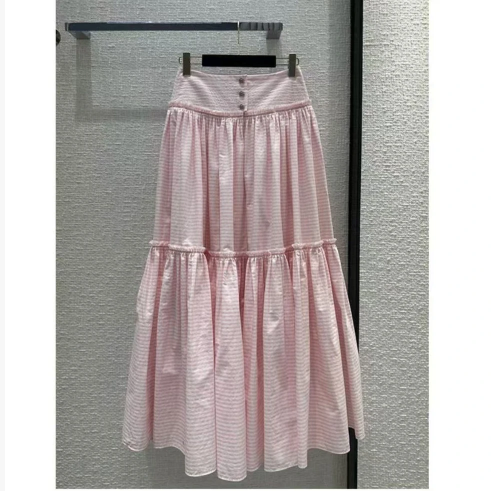 资雅 私服系列 法式小众粉色条纹堆褶半身裙