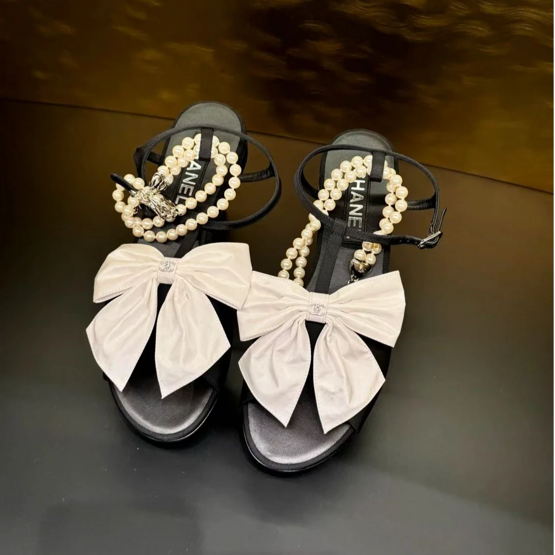 95新 Chanel/香奈儿 24a珍珠链条蝴蝶结凉鞋/37码