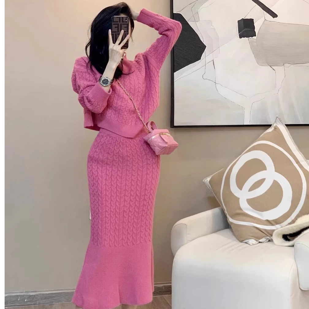 摇绿【现货】秋冬新款小香风网红时尚气质针织包臀鱼尾裙两件套装女