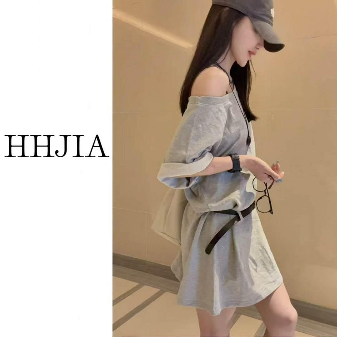 【慧慧家】韩国.2025定制款  韩系时尚斜肩卫衣短袖连衣裙
