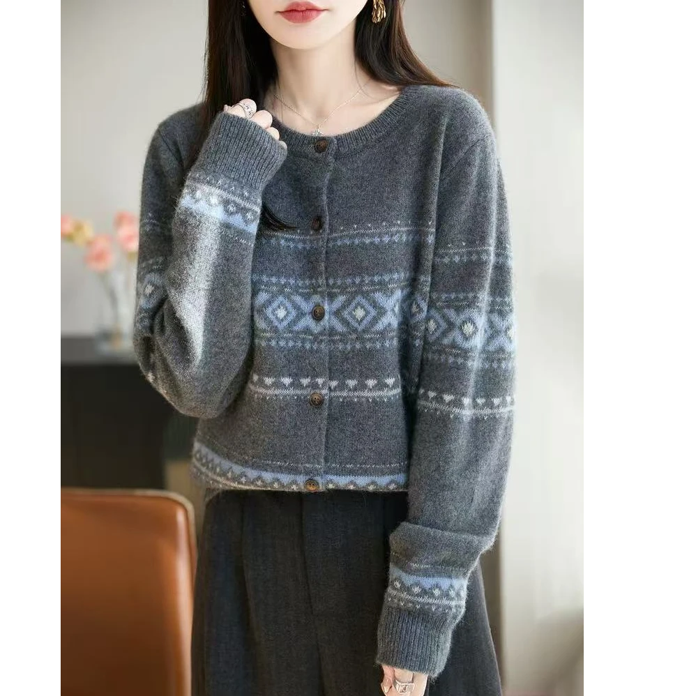 复古慵懒设计提花长袖针织开衫秋冬外套毛衣圆领百搭爆款上衣显瘦