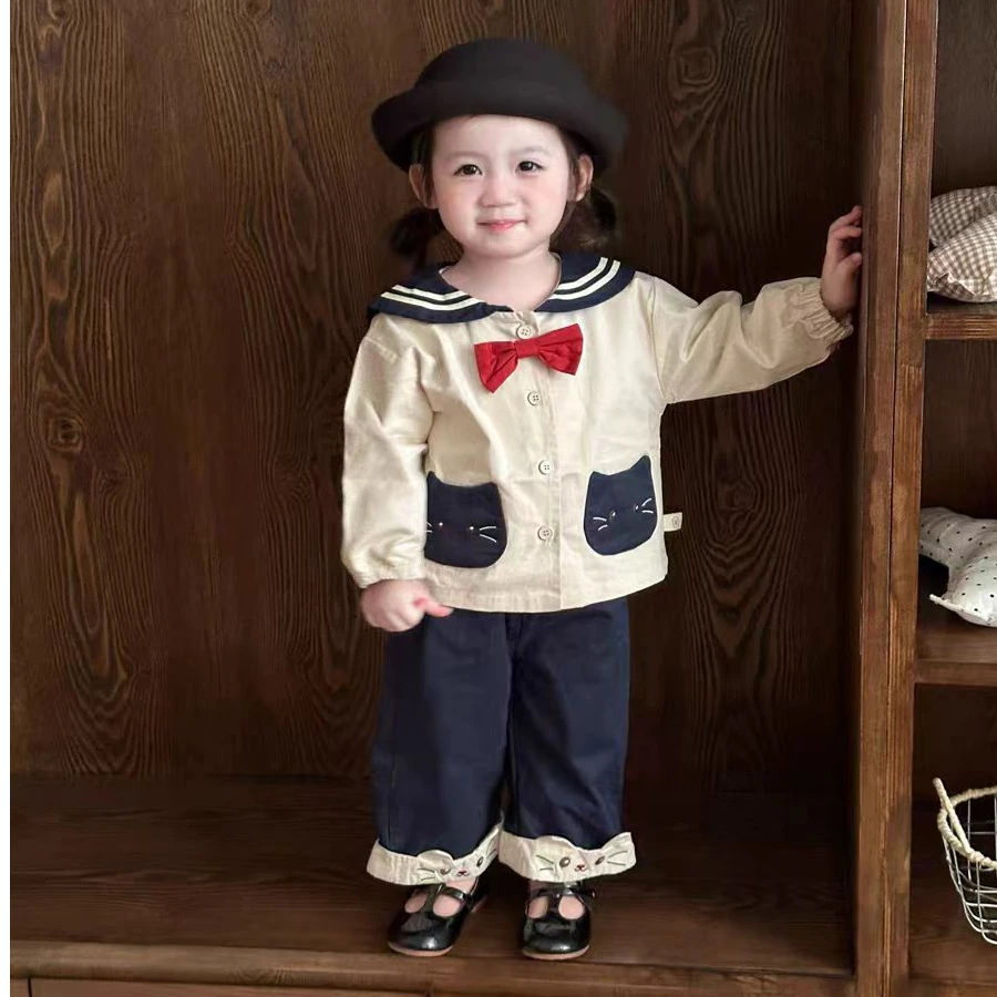 女童海军风套装2025新款秋季宝宝卡通撞色外套洋气拼接休闲童装