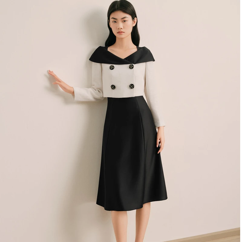 奥丽嘉朵2025春季新款黑色撞色拼接假两件优雅连衣裙1C65105090