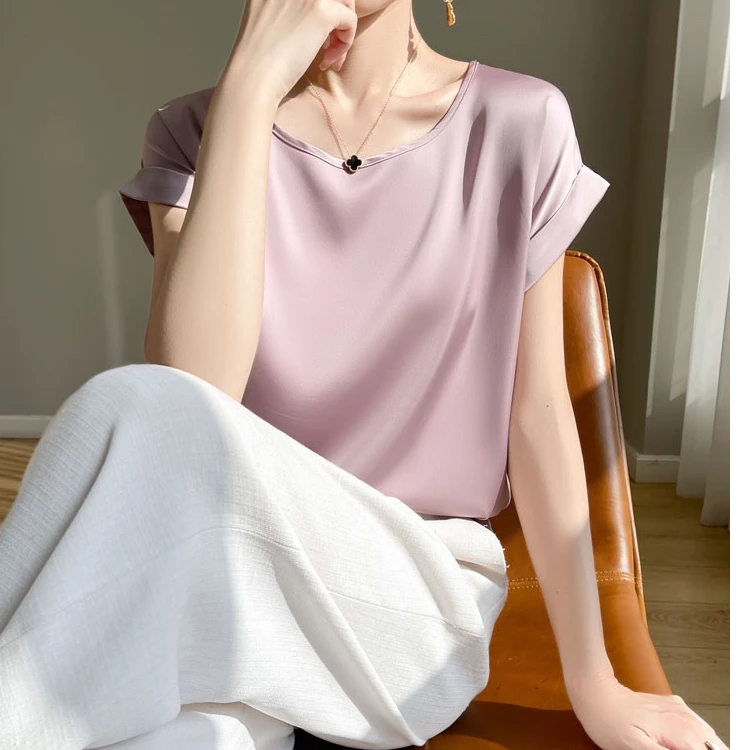 100%桑蚕丝小飞袖上衣短袖欧美风气质卷边休闲夏季外穿纯色U领