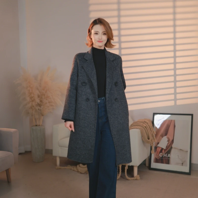 2025年冬新款时尚休闲欧版西装领双面呢大衣女中长款羊毛外套