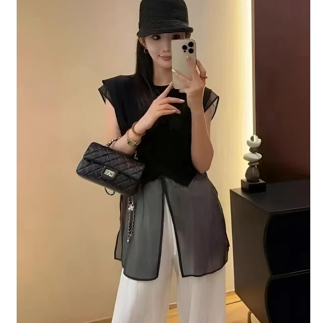 欧货显瘦拼接网纱前开叉无袖上衣女25夏新款宽松气质显瘦百搭小衫