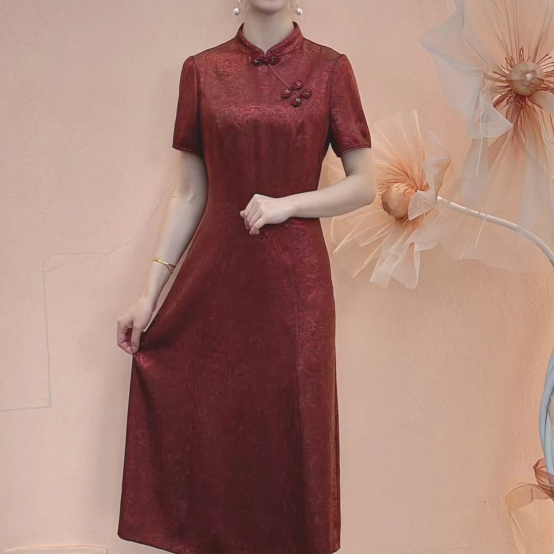【妙妃女装】夏季新款修身新中式气质显瘦国风短袖高贵婚礼连衣裙