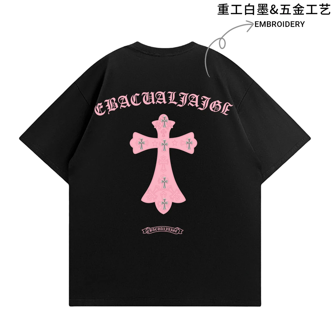 【现货-重工】潮牌十字印花铆钉钢标纯棉T恤男女款宽松高克重短袖