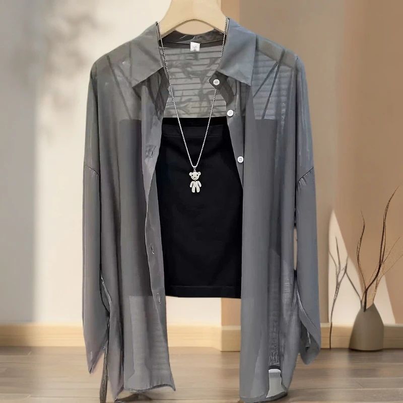 大码穿搭夏季套装女2025新款防晒雪纺衬衫上衣内搭吊带背心两件套