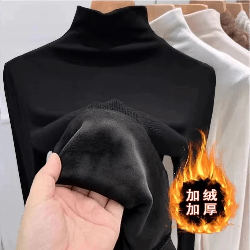 艾格冬季半高领保暖长袖打底衫女大码加绒加厚修身内搭T恤内