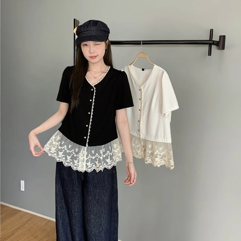 【现货+运费险】夏季胖mm大码法式气质蕾丝拼接衬衫大码女装短袖