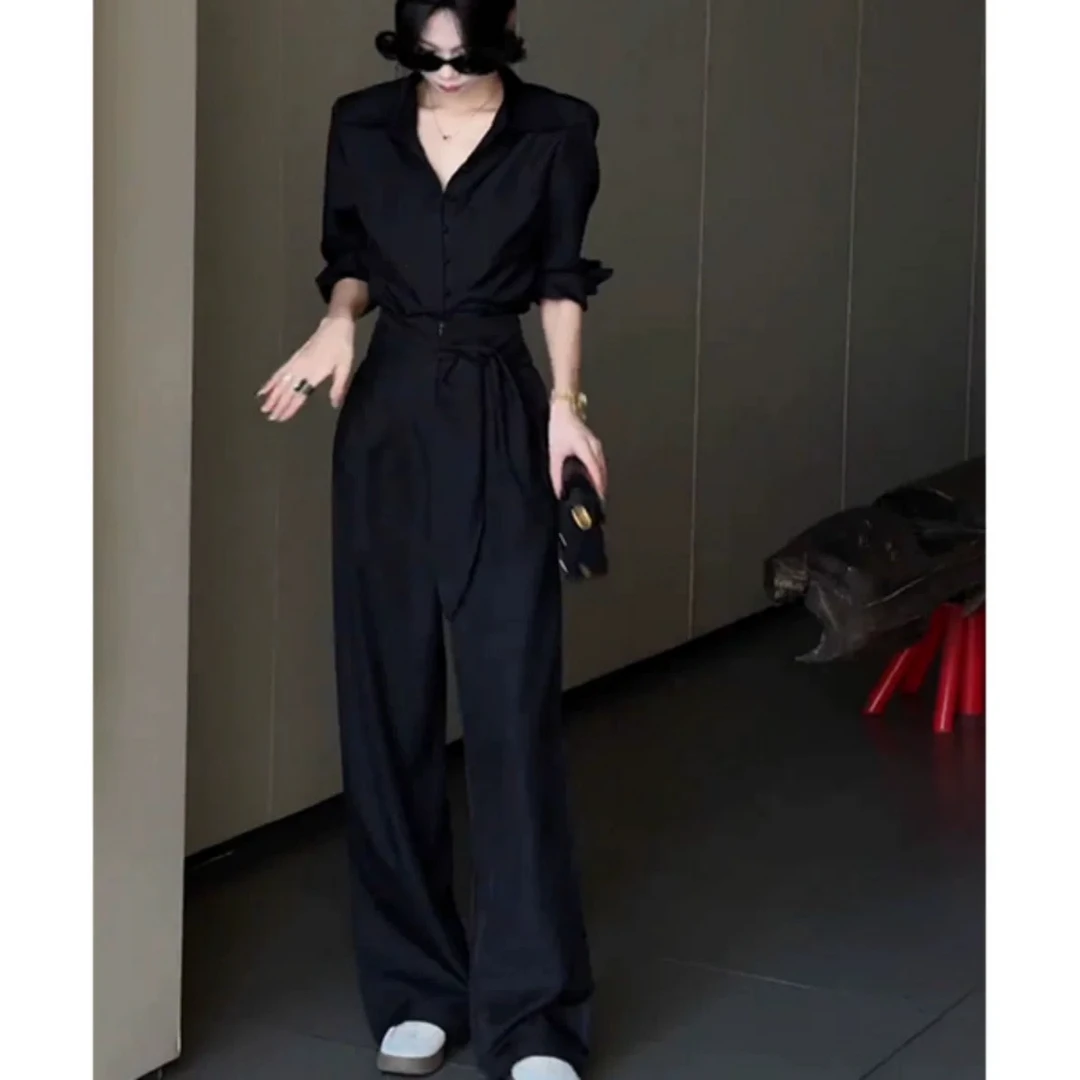 休闲风气质黑色翻领衬衫阔腿裤套装女2025春季新款御姐轻熟两件套