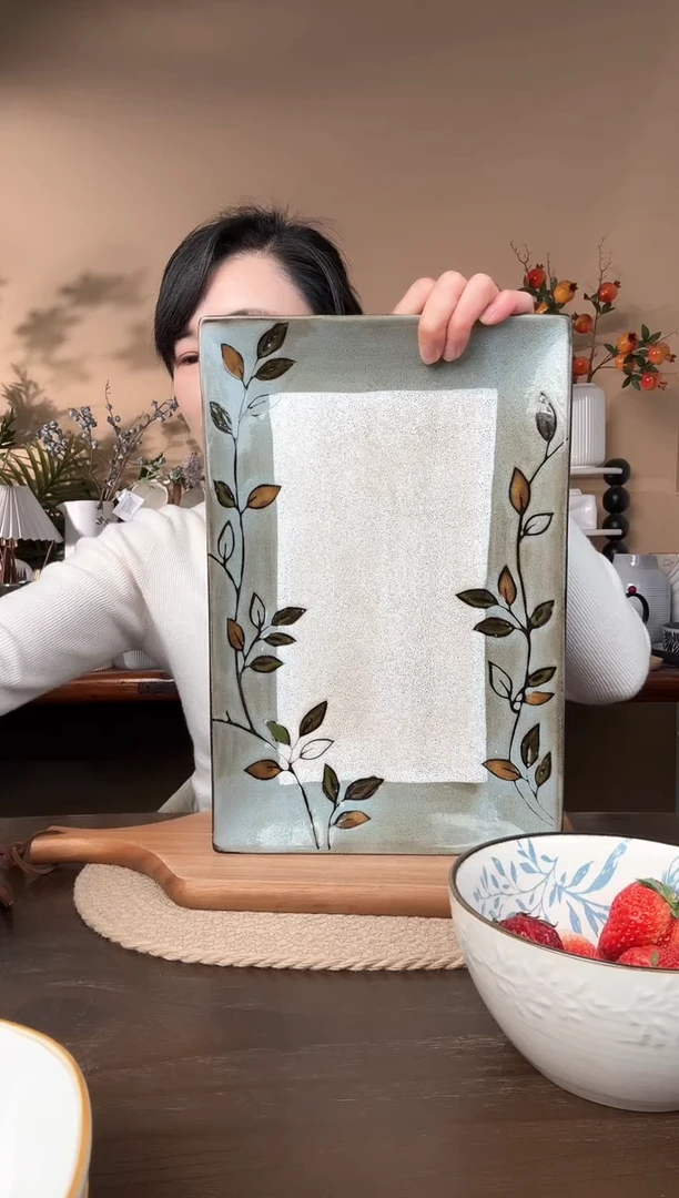 【闪购商品】瓷片14英寸复古做旧手绘寸长方盘微瑕