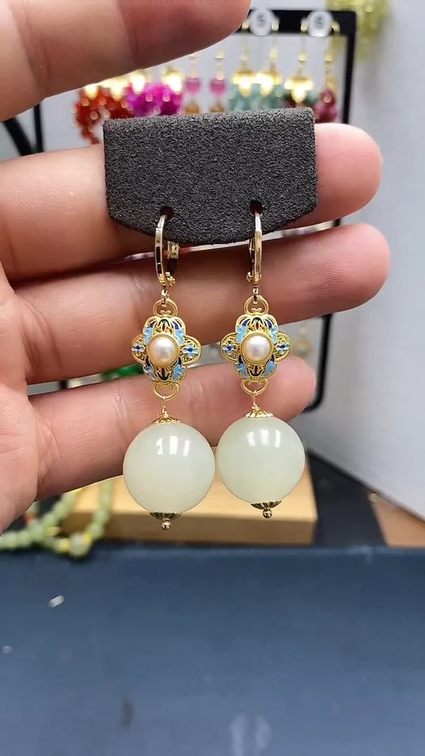 和田玉银S925镀金镶嵌耳饰尺寸16mm耳扣A2