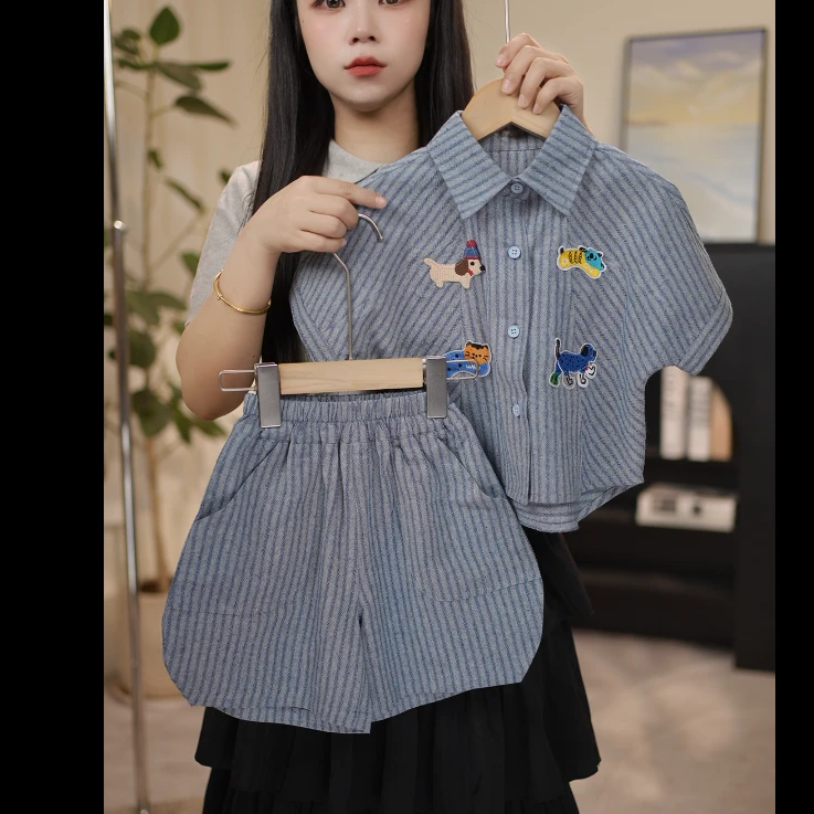 【清货】男童夏装套装2025新款蓝条纹夏季短袖衬衫休闲两件套ML-149