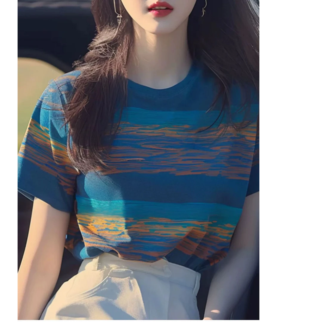 韩式独特别致蓝色短袖t恤女2025夏季新款殴货显瘦时尚洋气上衣