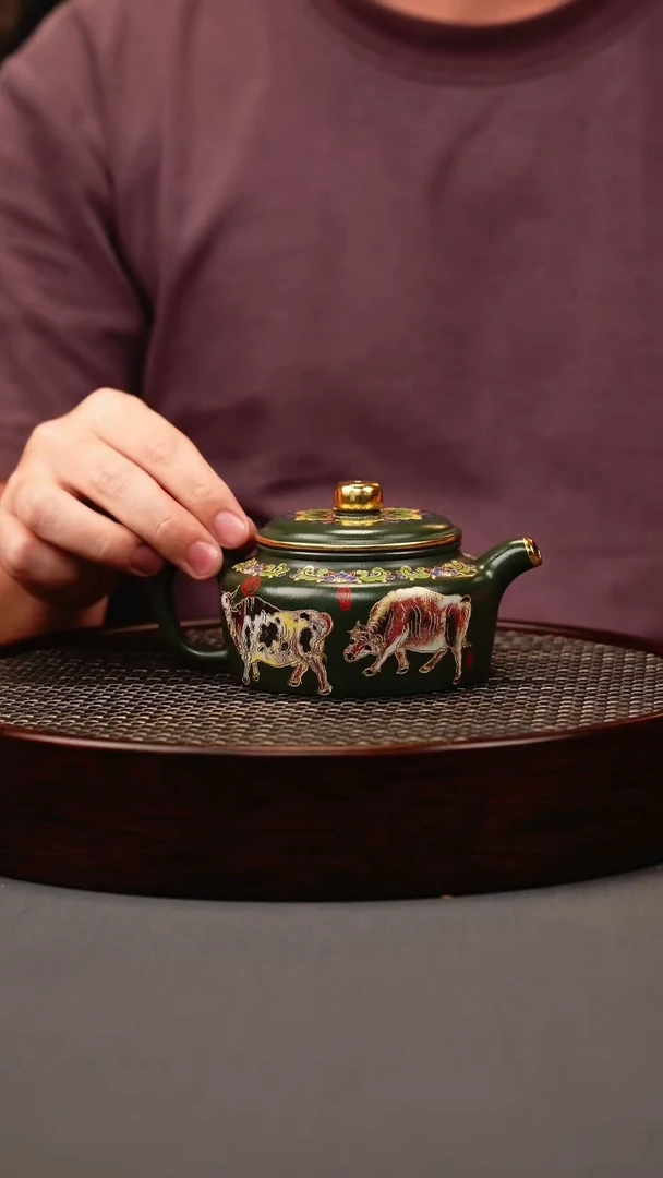 茶壶紫砂绿泥 德中 五牛珐琅彩